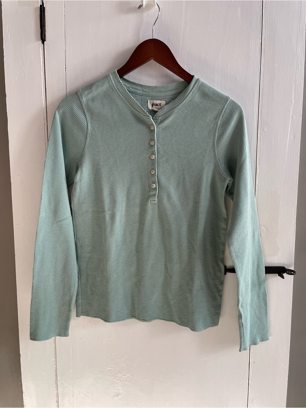 Pact Womens Mint Green Thermal Waffle Knit Organic Cotton Henley Long Sleeve Top
